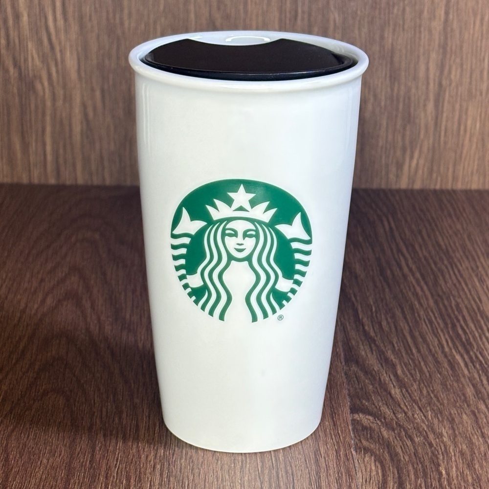 Starbucks Classic White Ceramic Travel Tumbler Mug Black Lid 12oz